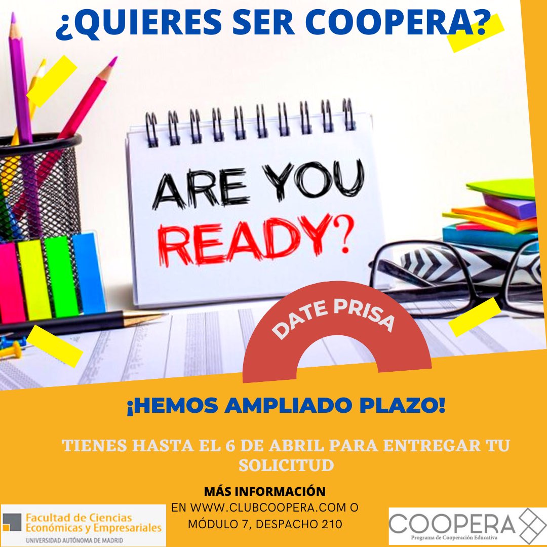 Estamos con el proceso de admisión. Si estas interesad@ en participar, puedes informarte en el módulo 7, despacho 210 y entregar tu solicitud hasta el día 6 de abril. ¡Te esperamos! #SomosCoopera