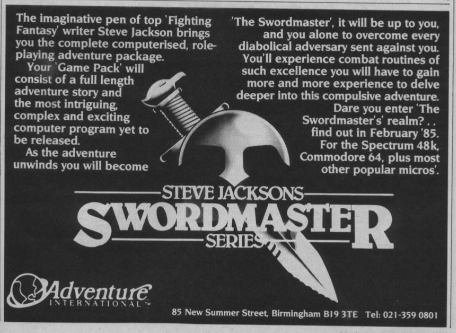 TakodanTweets's tweet photo. 1985 small sized ad for the 'Swordmaster' series by #SteveJackson and from #AdventureInternational, on #ZXSpectrum #Commodore #C64 https://t.co/oyUzCKnkYz