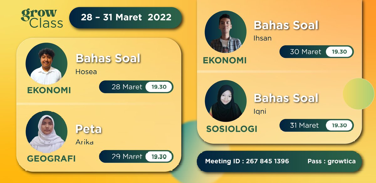 growtica's tweet photo. Yuhuuu, yang ditunggu udah dateng nihh... 🤩
Ini dia jadwal #GrowClass bareng tutor-tutor kecee tanggal 28-31 Maret 2022!
Jangan lupa ikutan yaaa 🤗 https://t.co/GShIbNpDml