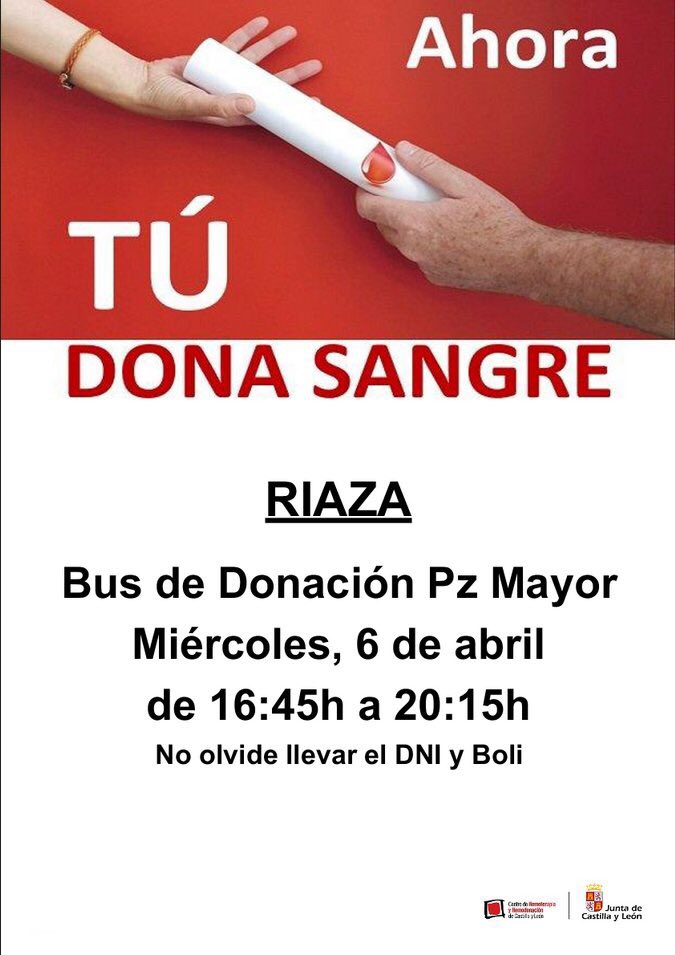 CAMPAÑA DE DONACIÓN DE SANGRE
𝗘𝗹 𝗺𝗶𝗲́𝗿𝗰𝗼𝗹𝗲𝘀 𝟲 𝗱𝗲 𝗮𝗯𝗿𝗶𝗹 𝗱𝗲 𝟮𝟬𝟮𝟮, en un autobús ubicado 𝗲𝗻 𝗹𝗮 𝗣𝗹𝗮𝘇𝗮 𝗠𝗮𝘆𝗼𝗿 𝗱𝗲 #𝗥𝗶𝗮𝘇𝗮, 𝗲𝗻 𝘂𝗻 𝗵𝗼𝗿𝗮𝗿𝗶𝗼 𝗱𝗲 𝟭𝟲:𝟰𝟱 𝗮 𝟮𝟬:𝟭𝟱 𝗵𝗼𝗿𝗮𝘀
No olvide llevar el DNI y bolígrafo.
#DonacionDeSangre