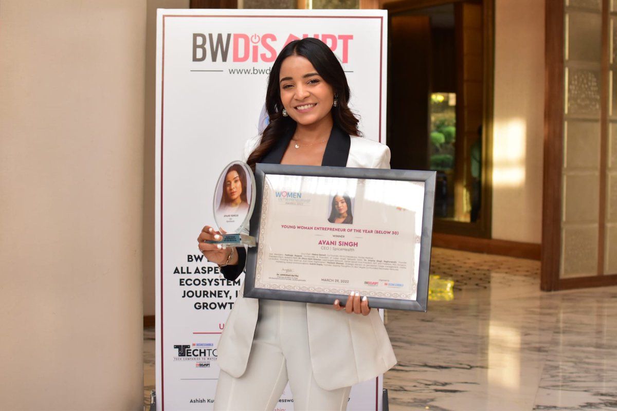spice_health's tweet photo. Heartiest congratulations to our CEO Ms. @avaniisingh  for winning the "Young woman entrepreneur of the year award (below 30)"  at BW Disrupt Women Entrepreneurship Award 2022 by @BusinessworldBW 

#TeamSpiceHealth #businessworldbw https://t.co/46bz0uNYXT