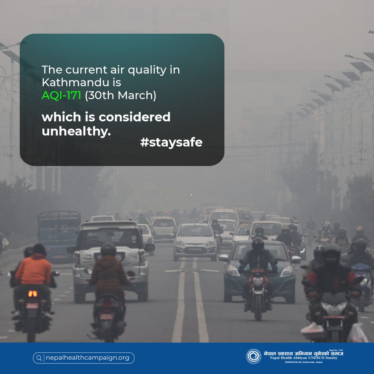 NepalUnesco's tweet photo. STAY ALERT‼️
Air quality of Kathmandu valley reached 171 AQI  which seem to  cause adverse effects on human health.😫
Stay concern wear a mask while stepping out.😷
Visit our website🌐
💥https://t.co/wkZ11Pv95r💥
#nepalhealthcampaign #airpollution #stayalert #aqi #wearmask #un https://t.co/RTqJkRk625