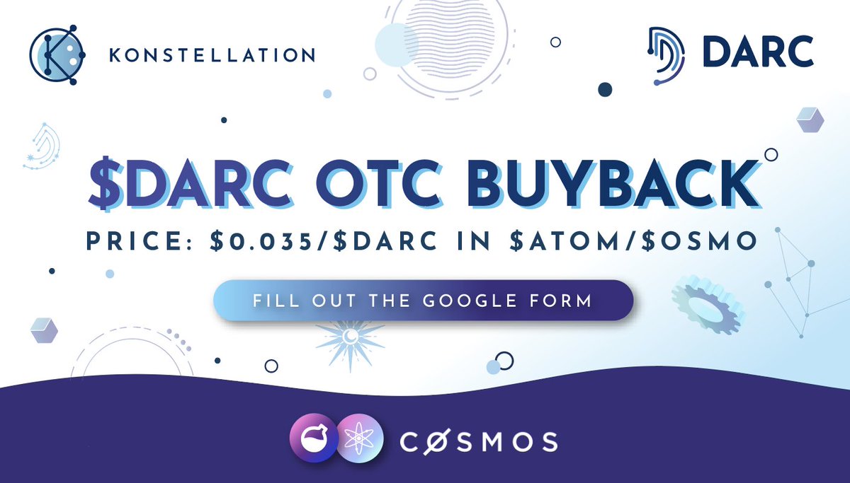 KNSTL_LABS's tweet photo. 📢 $DARC OTC Buyback
Price: $0.035 per $DARC 
$ATOM / $OSMO

✍️Fill out the Google Form: https://t.co/v89PyEOJbd…
⏰Deadline: 7 April KST

@osmosis @cosmos 
#Crypto #cryptocurrency #blockchain #trading #Investment #DARC #Konstellation https://t.co/VE2YUMvlFU