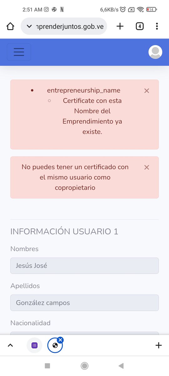 chuche990's tweet photo. @BcodeVenezuela Hola buenas noches, no me deje completar el registro que piden para poder registrarme en el bdv , no me sale la opción de generar certificado con 1 solo usuario, cuando coloco el 2do si me deja generar certificado, agrego mis datos y da error https://t.co/fXxKnwigWJ