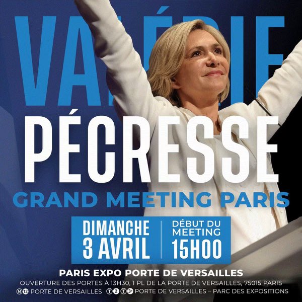 Valérie Pécresse tiendra son dernier meeting parisien de fin de campagne ce dimanche ! 
Mobilisez-vous, nous vous attendons très nombreux ! #Pecresse2022