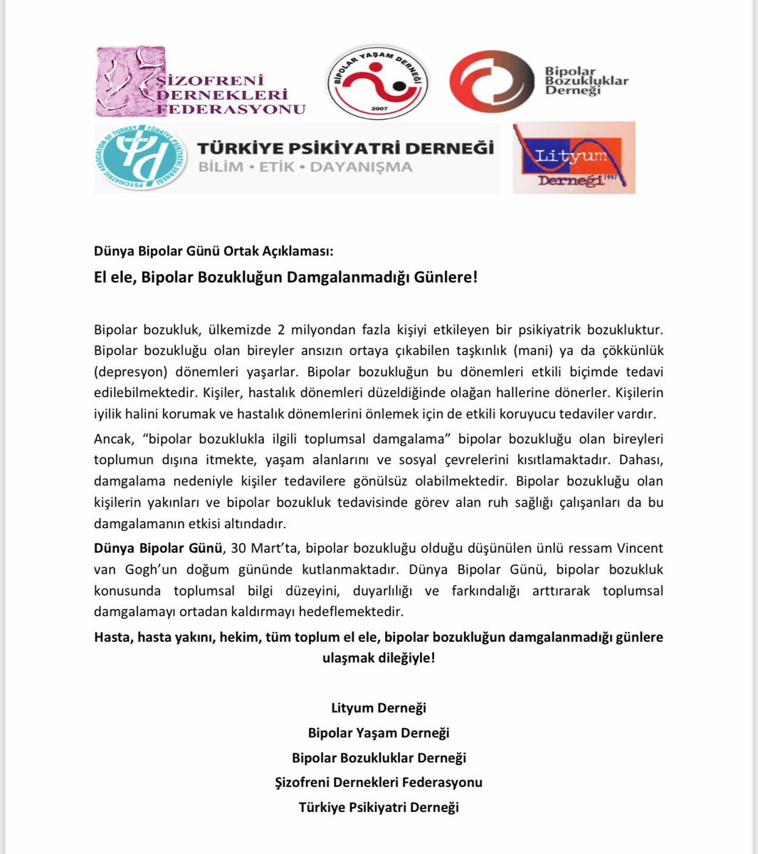 PsikiyatriDer's tweet image. Dünya Bipolar Günü Ortak Açıklaması: El ele, Bipolar Bozukluğun Damgalanmadığı Günlere
@Sizofreni_Fed @bipolardernegi @BipolarTurkey @PsikiyatriDer @lityumdernegi

#DünyaBipolarGünü #30MartDünyaBipolarGünü