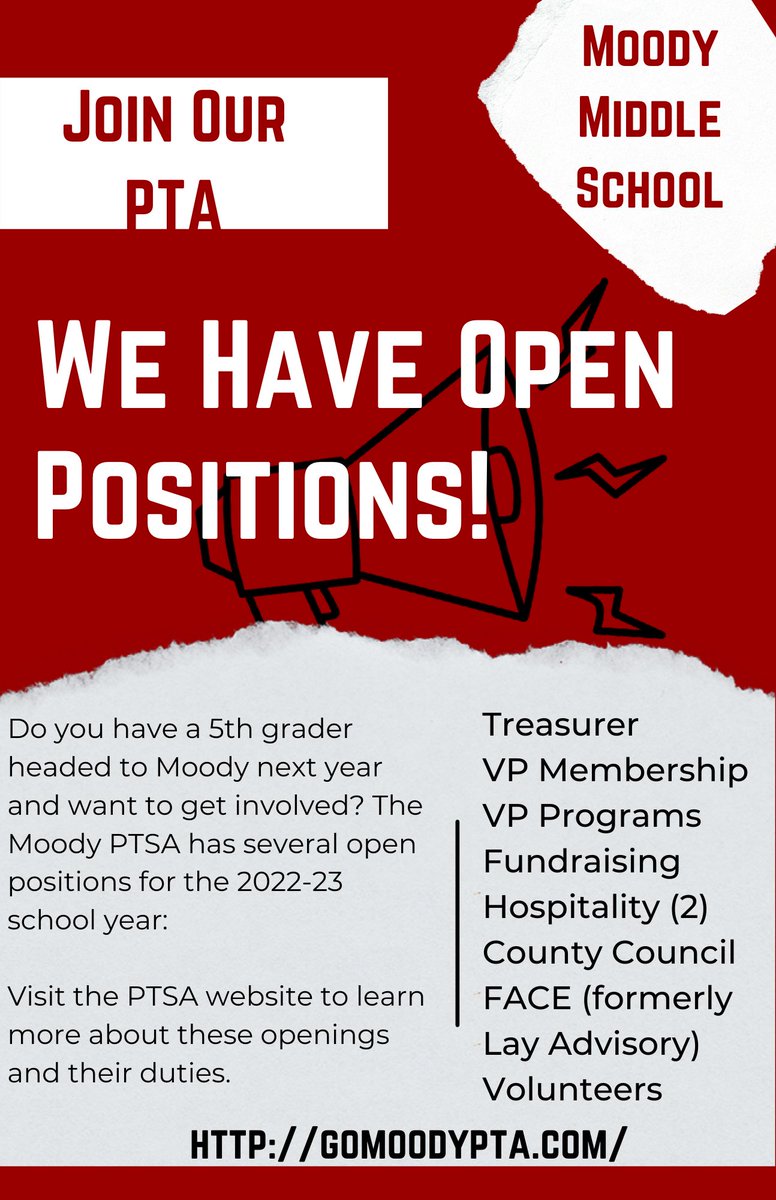 KES 5th Grade Parents: Please consider joining the PTA at Moody Middle School! <a href="/MoodyRaiders/">Moody Middle School</a> @gomoodyraiders <a href="/KEScoyotes/">Kaechele Elementary School</a>