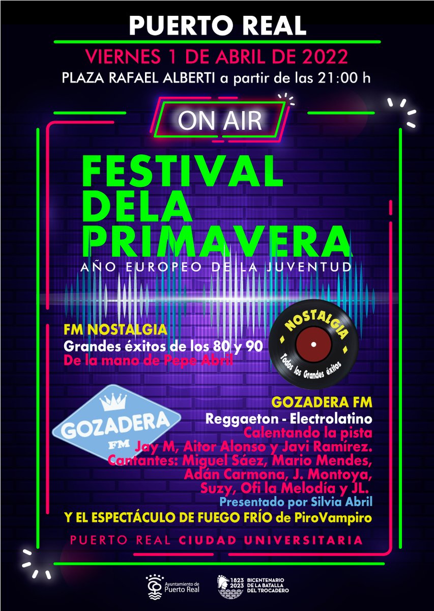 📢 Este viernes 1 de abril, Festival de la Primavera en #PuertoReal

La Plaza Alberti acogerá este viernes el evento que tuvo que ser aplazado en su día. 

👉 El evento comenzará a las 21.00 horas e incluirá música del recuerdo y éxitos actuales.