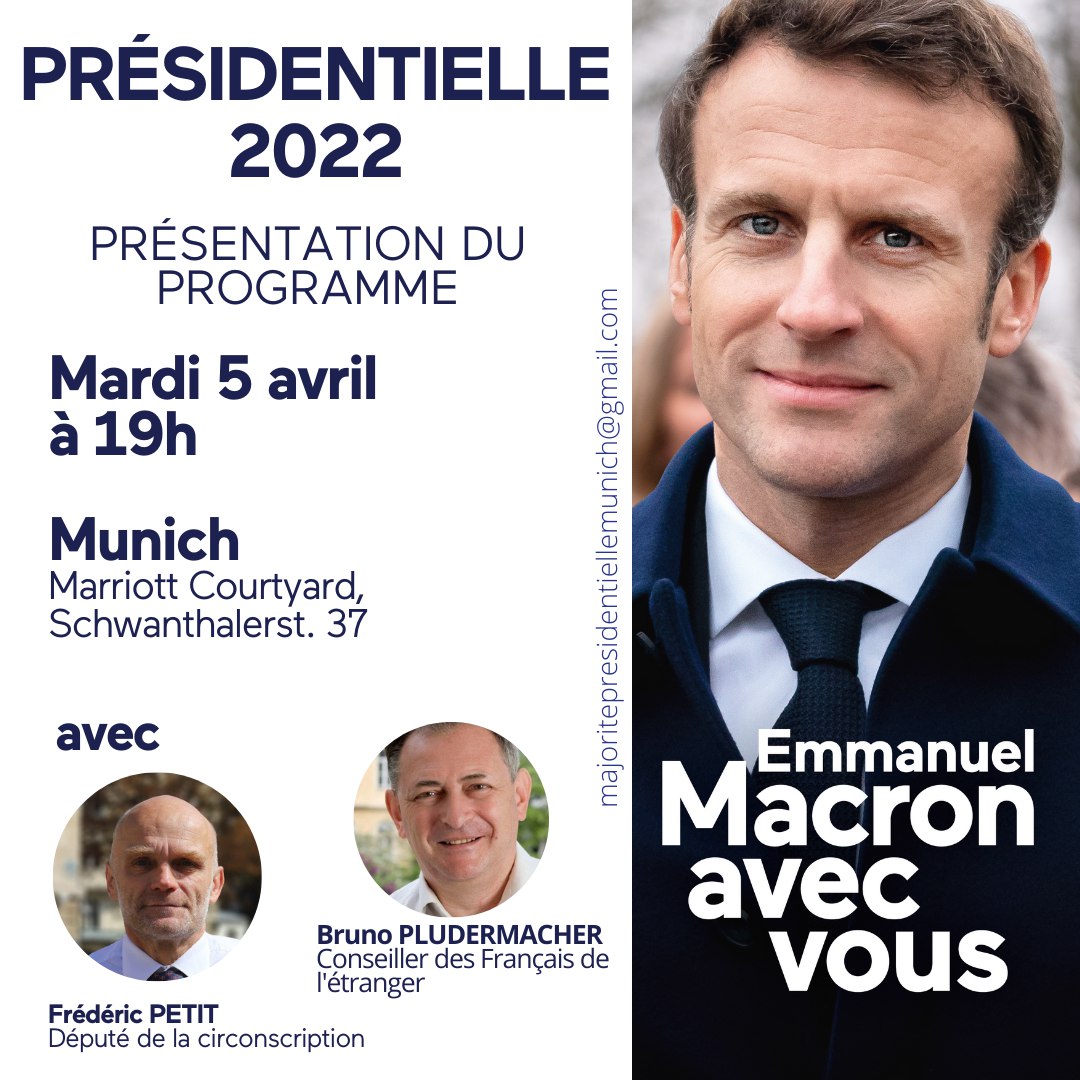 LaREMEurope7FDE's tweet photo. 📣 DEMANDEZ LE PROGRAMME !

Participez à la réunion publique à #Munich pour découvrir les 3 pactes d'audace qui structurent le programme de notre candidat : génération, production, République.

📅 Mardi 5 avril à 19h.

Inscription ➡️ https://t.co/Bn8z5YM1rd

#AvecVous #Macron2022 https://t.co/BAOngyfib5