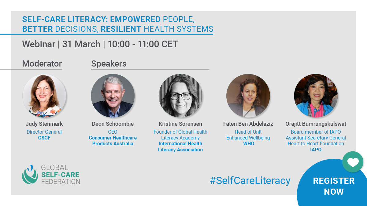 REMINDER: Don't miss our #SelfCareLiteracy webinar tomorrow at 10am CET!

Join our panelists from <a href="/WHO/">World Health Organization (WHO)</a> <a href="/IAPOvoice/">IAPO</a> <a href="/CHPAustralia/">Consumer Healthcare Products Australia</a> and <a href="/Glob_HL_Academy/">Global HL Academy</a> and discover the role of health literacy in #selfcare and why it is important💊

Register here: tinyurl.com/5n8redv7