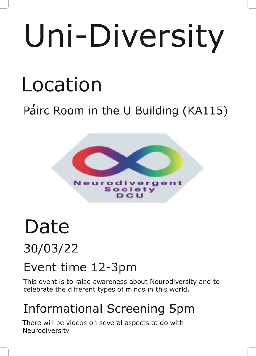 NeuroDSoc's tweet photo. We will be in the U-building showing some information about neurodivergency from 12-3 and in the Pairc Room, KA115. in the U-building from 5 showing some videos about neurodivergency. https://t.co/hJbYMshezw