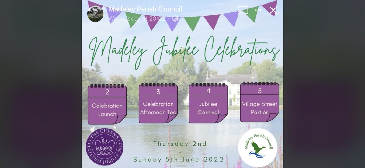Simonwhite1966's tweet photo. The countdown to The Queen's Platinum Jubilee
is on and Madeley Parish Council is aiming to bring our community together with celebrations throughout the weekend, bringing the carnival back alive in the village and its community 
Thursday 2nd June to Sunday 5th June. https://t.co/Km2IZRTU7p