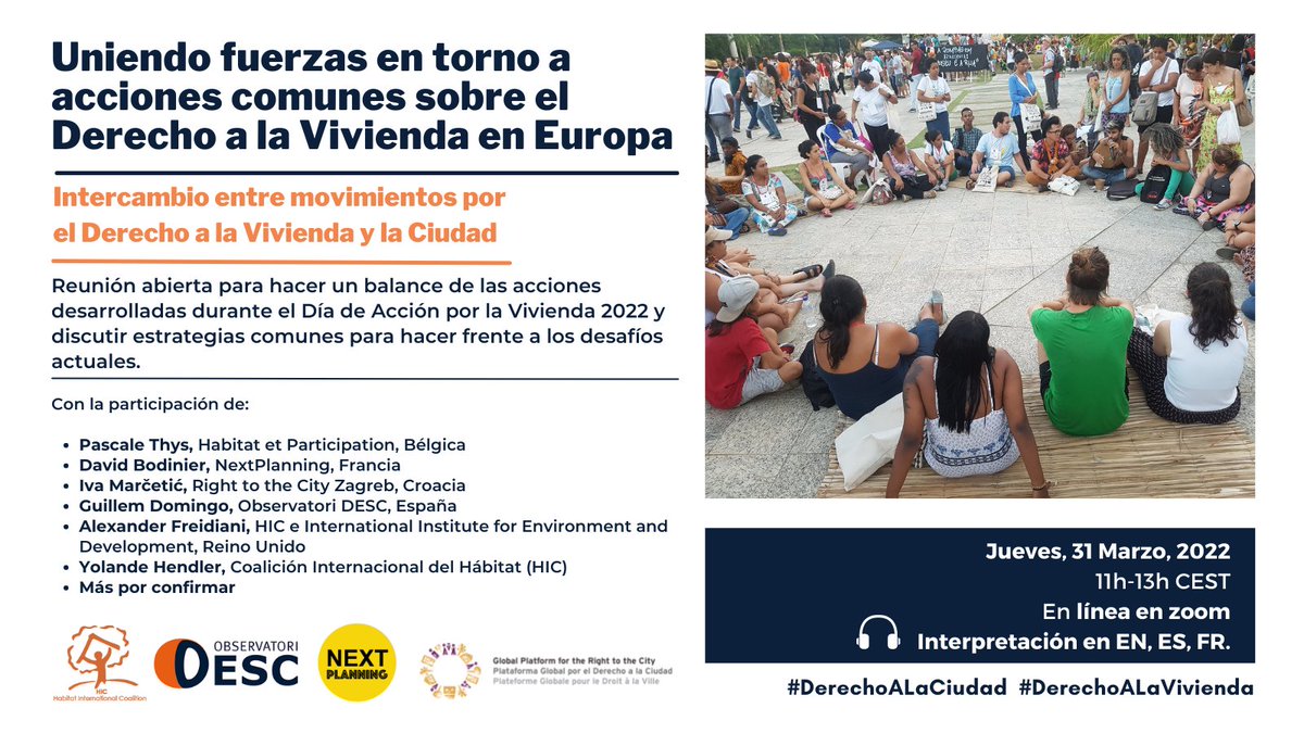 📢 MAÑANA | Evento virtual "Uniendo fuerzas en torno a acciones comunes sobre Derecho a la Vivienda y #DerechoALaCiudad"

🗓️31 marzo, 11h-13h CEST

Organizado junto a Next Planning, <a href="/habitat_intl/">Habitat International Coalition - HIC</a> y <a href="/Right2CityGP/">#RightToTheCity Global Platform</a>💜

ℹ️ Info y registro:
observatoridesc.org/es/uniendo-fue…
#HousingActionDay2022
