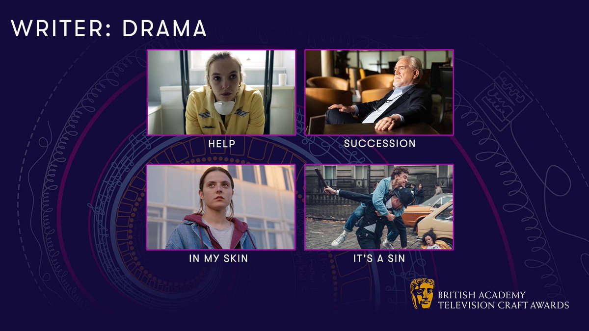 BAFTA's tweet photo. And finally… It’s Writer: Drama!

📺 Jack Thorne – Help 
📺 Jesse Armstrong – Succession
📺 Kayleigh Llewellyn – In My Skin
📺 Russell T Davies – It’s A Sin

#BAFTATV https://t.co/3uJuPddxDY