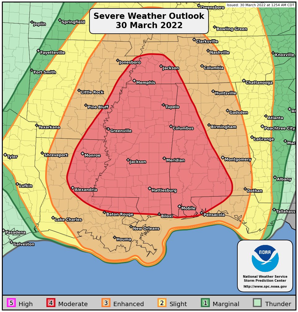 2:18am CDT #SPC Public Severe Weather Outlook #PWO concerning #alwx #arwx #lawx #mswx #tnwx go.usa.gov/xzMBd