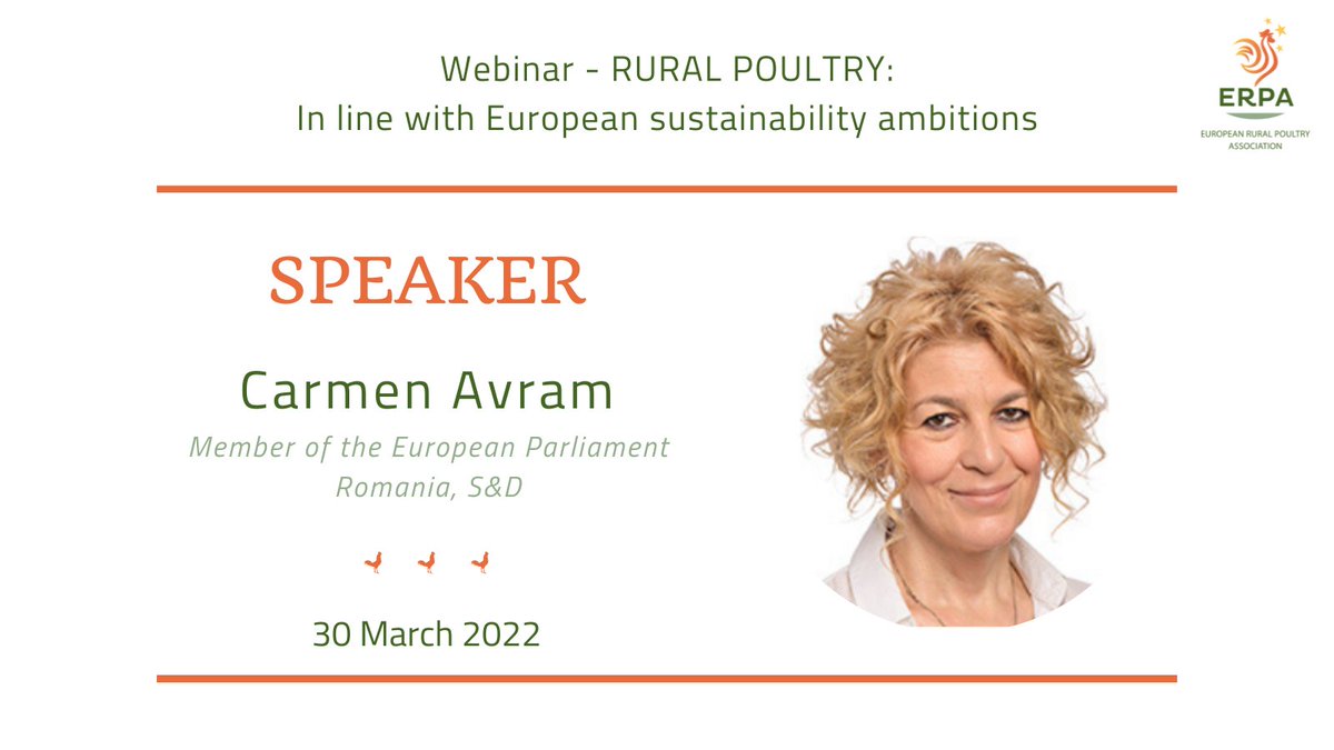 Rural_Poultry's tweet photo. We are delighted to announce that MEP Carmen Avram @carmenavram, Member of the Committee on Agriculture and Rural Development, will wrap-up our annual conference.  
#RuralPoultry #SustainablePoultry

Follow our live tweet today at 2PM! https://t.co/S8ssRRiqSF