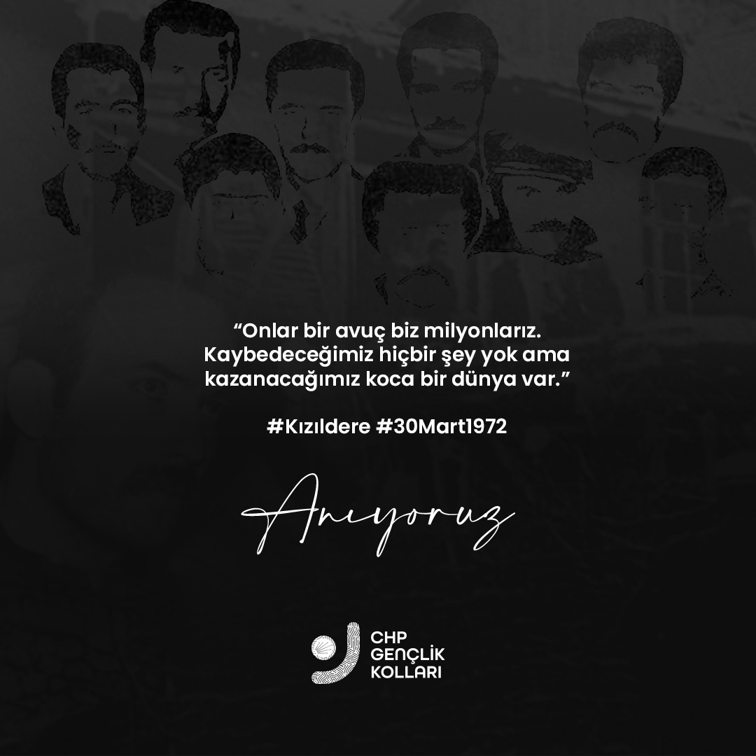 "Onlar bir avuç biz milyonlarız. Kaybedeceğimiz hiçbir şey yok ama kazanacağımız koca bir dünya var."
#Kızıldere
#30Mart1972