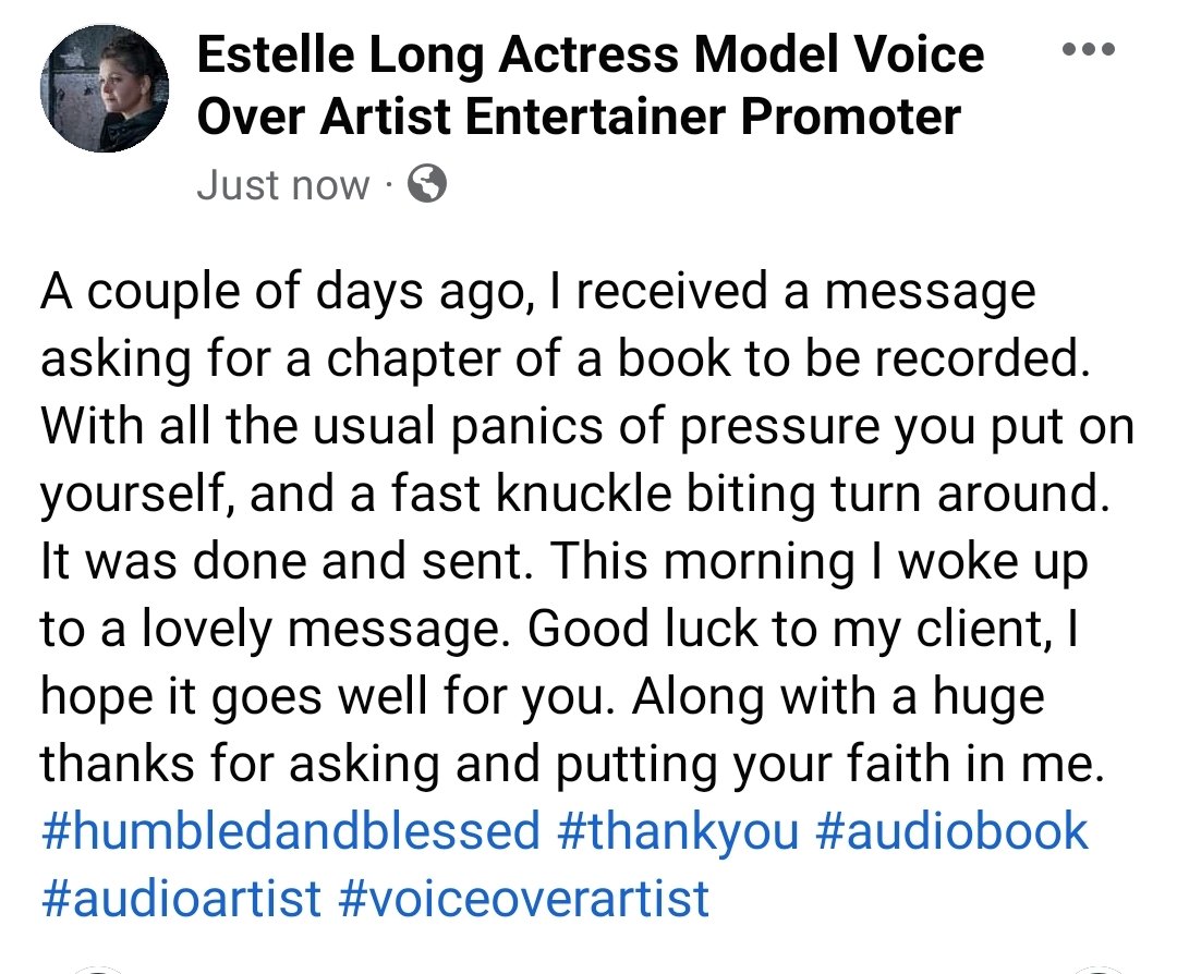 estellerlong's tweet photo. Good luck to my client, I hope it goes well for you. Along with a huge thanks for asking and putting your faith in me. #humbledandblessed #thankyou #audiobook #audioartist #voiceoverartist https://t.co/3dA2DWYvBx