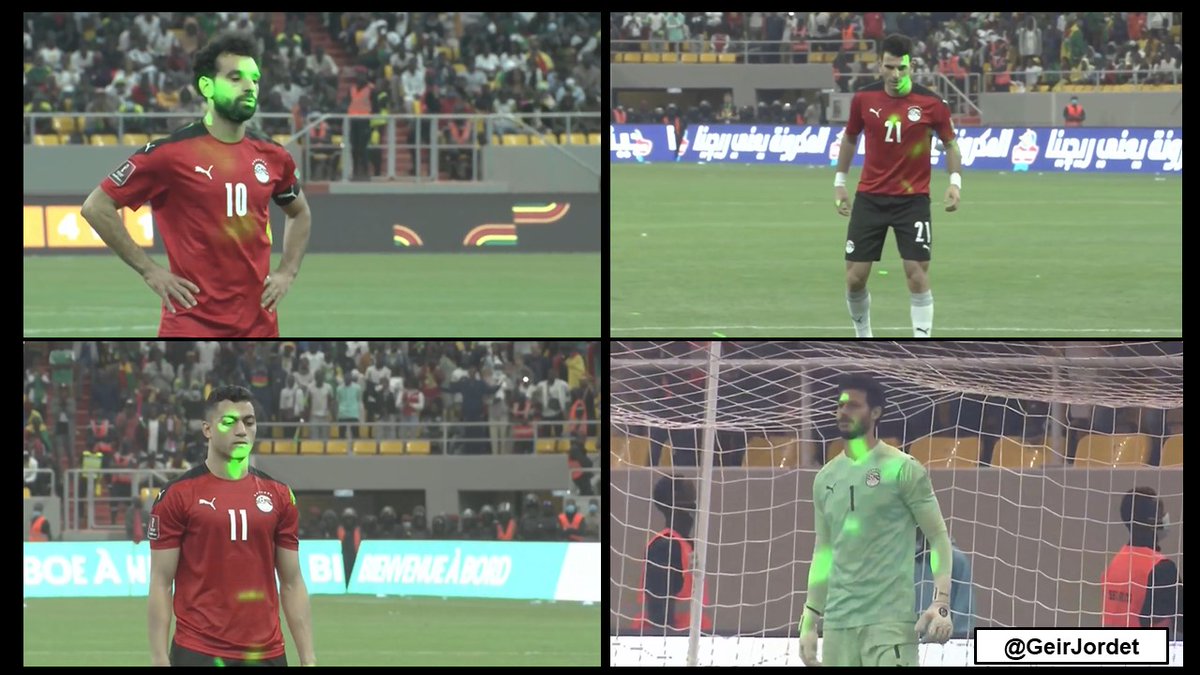 GeirJordet's tweet image. Does laser affect football player's penalty performance? Every Egypt player (including their goalkeeper) was targeted by Senegal fans in the penalty shootout for last night's World Cup qualification. 3 of 4 players missed, including penalty specialists Salah and Zizo! Scandalous!