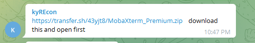 vulnz's tweet photo. @kyREcon so this is not your telegram account you say, lol sending shit with cobaltstrike from kyREcon account, lol. Sure it is you because it will be idiotic for anyone to register such a stupid name in telegram without any reason. @shellterproject https://t.co/INRtAlusY9