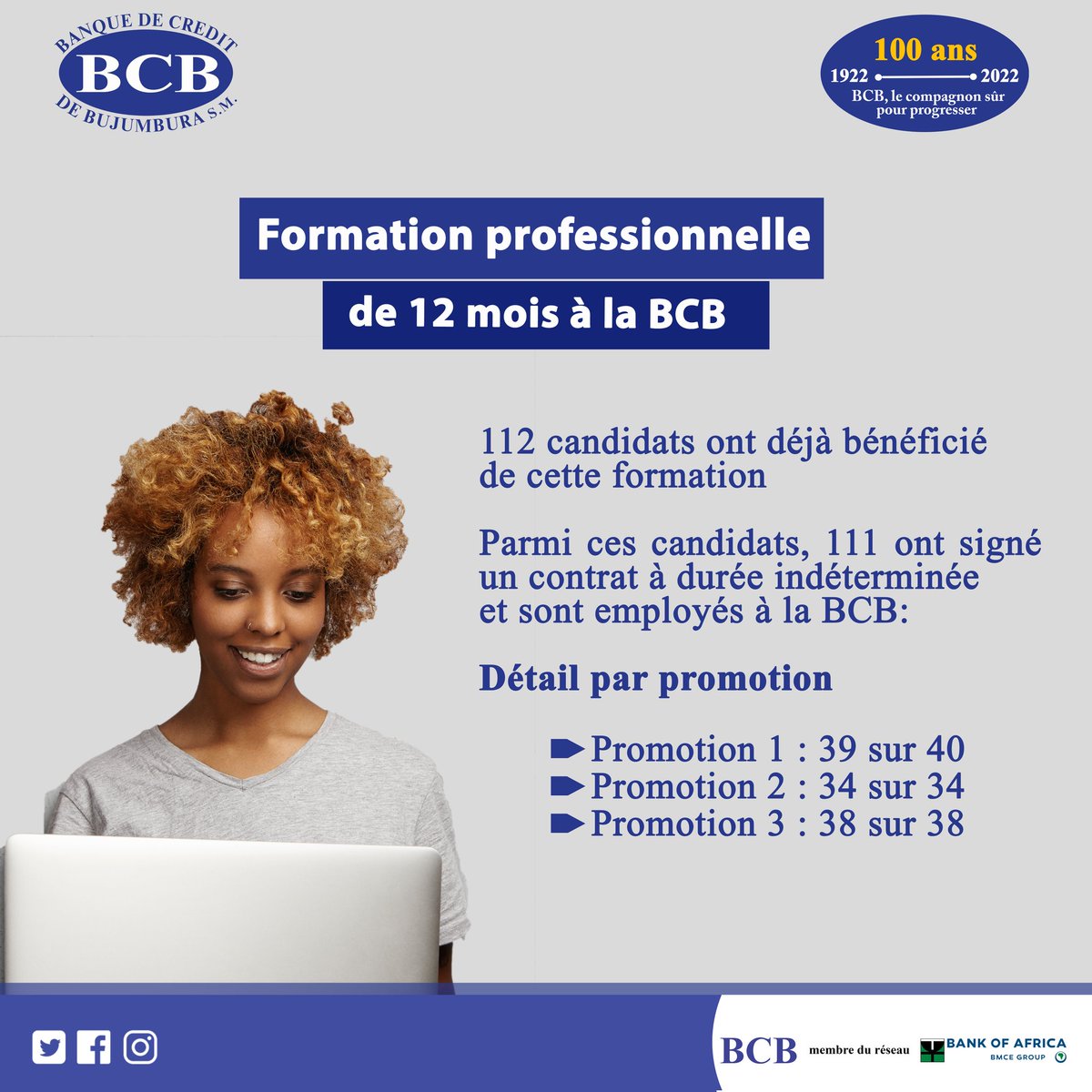 bcb_sm's tweet photo. Formation professionnelle de 12 mois à la BCB

112 candidats ont déjà bénéficié de cette formation

Parmi ces candidats, 111 ont signé un contrat à durée indéterminée et sont employés à la BCB...

Pour plus de détails: https://t.co/Dul20ajCeY

 #BCBUMUGENZIKIRUMARA   #BCB_BURUNDI https://t.co/8iusNpzpPi