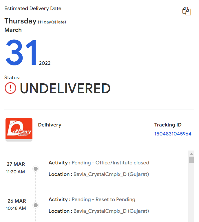 JumboMehta's tweet photo. @help_delhivery Is this your efficiency?? 11 days late and the delivery date is being extended by 1 day everyday??? What nonsense!! https://t.co/84fwOJHx87