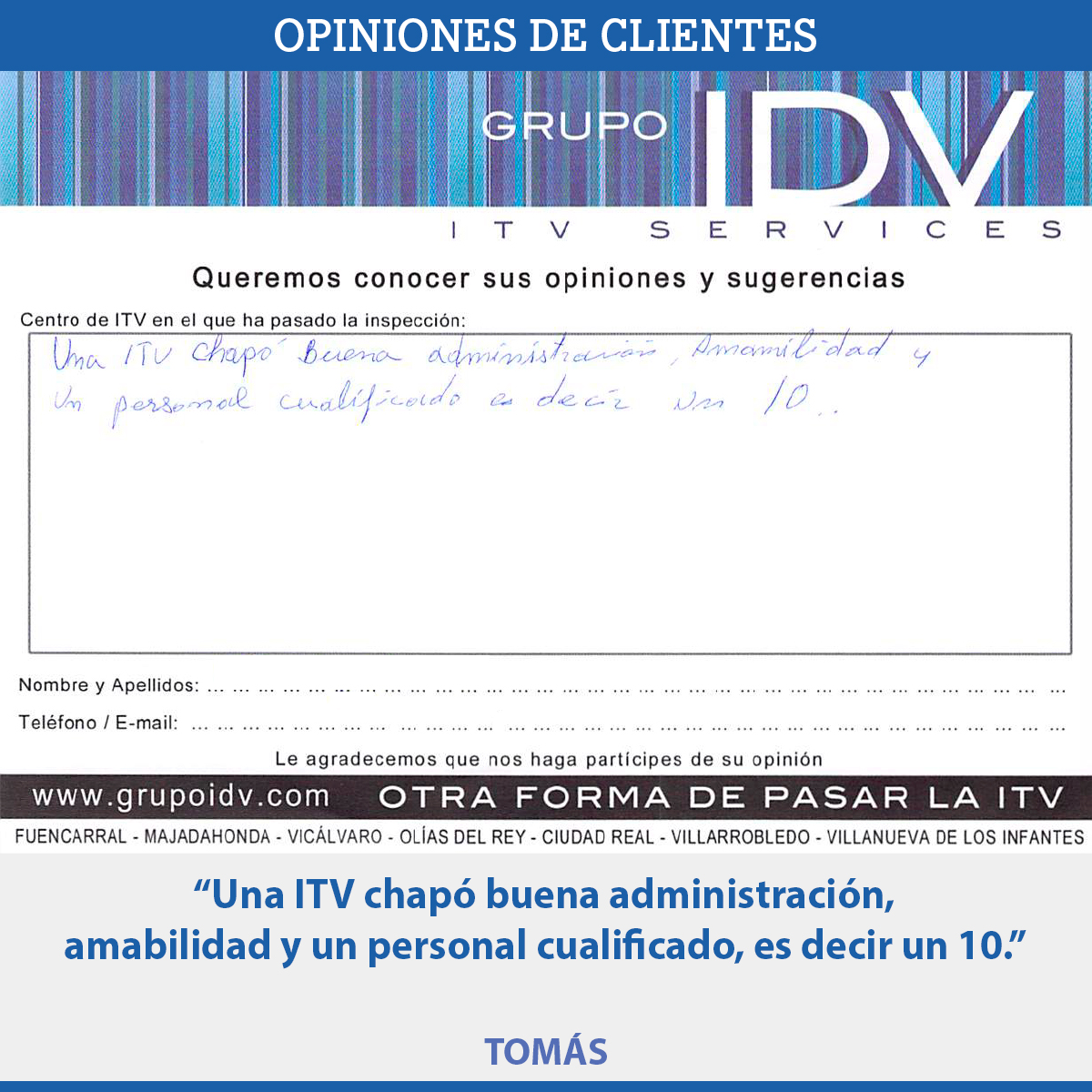 cerQuoITV's tweet photo. ¿Tú también quieres recibir un gran servicio,
sin colas ni esperas y en tan solo 25 minutos? 

📲 Cita Previa WhatsApp
Madrid: 630 73 34 46
Castilla la Mancha: 619 06 99 16
https://t.co/RLNlJGoFeg

#testimonio #testimonios #testimoniosreales #grupoidv #itv #vehiculos https://t.co/Yo8teZPQcw