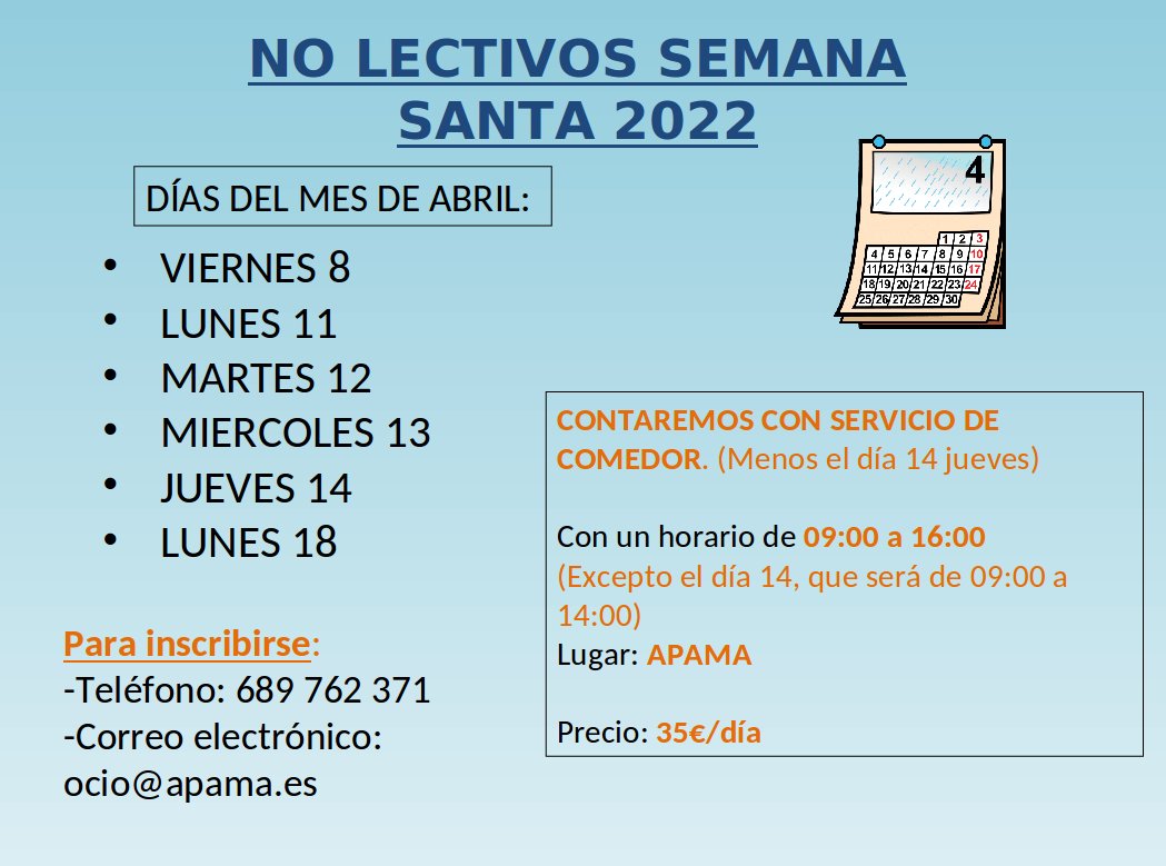 CPEEVFerrer's tweet photo. Actividades de APAMA para los días no lectivos de Semana Santa. https://t.co/wcYsPMBtoQ