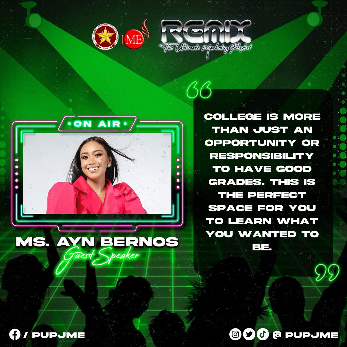 pupjme's tweet photo. Gather up as Ms. Rousanne Ayn Bernos brings you a talk that will truly inspire you and show you the paradigm of how to cope up with academic fatigue. 

Stimulate your inner light, marketistas!

#REMIX
#MARKETINGWEEK2022
#PUPJME https://t.co/933P1kwuBf