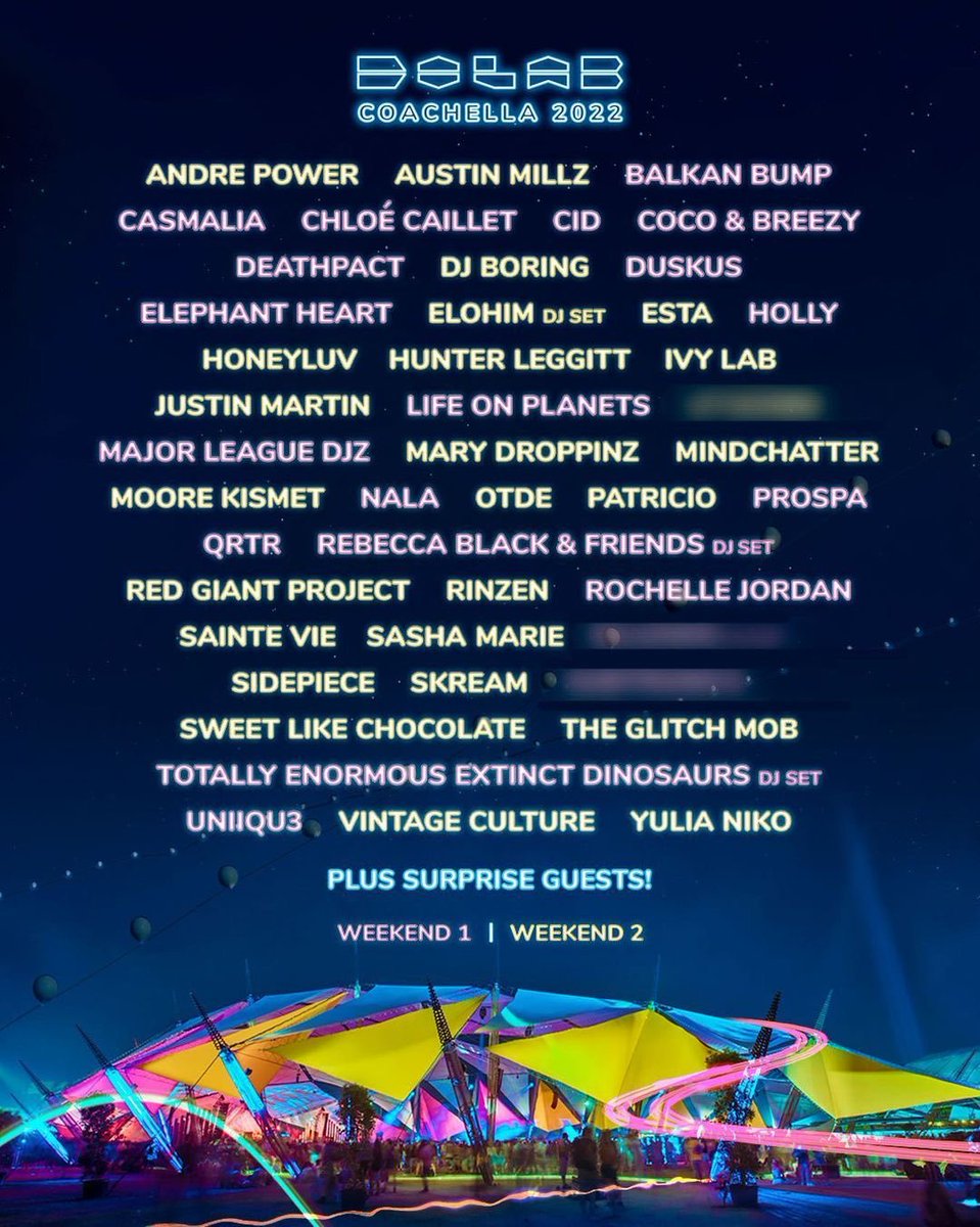 TheScenestar's tweet photo. The Do LaB has announced who's performing on their stage at Coachella 2022!
Check out their lineup for each weekend here: https://t.co/bN1nXvFq98
#thedolab #coachella #coachella2022 https://t.co/Z2Uqayhz1g