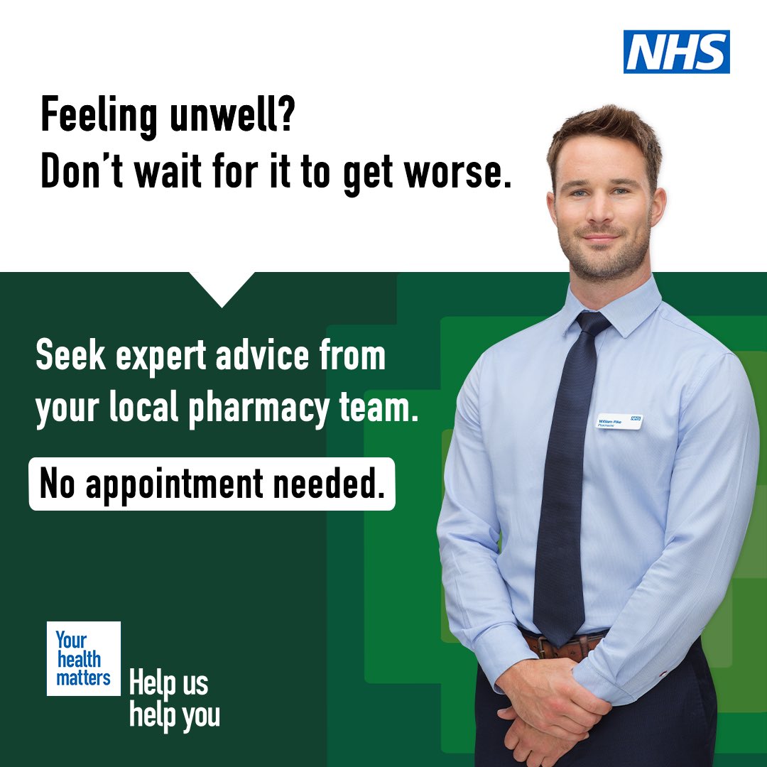 Feeling unwell?

Your local pharmacy can provide treatment advice about a range of common conditions and minor illnesses, no appointment needed.

🌎 For expert advice, talk to your pharmacist: nhs.uk/using-the-nhs/…

#HelpUsHelpYou