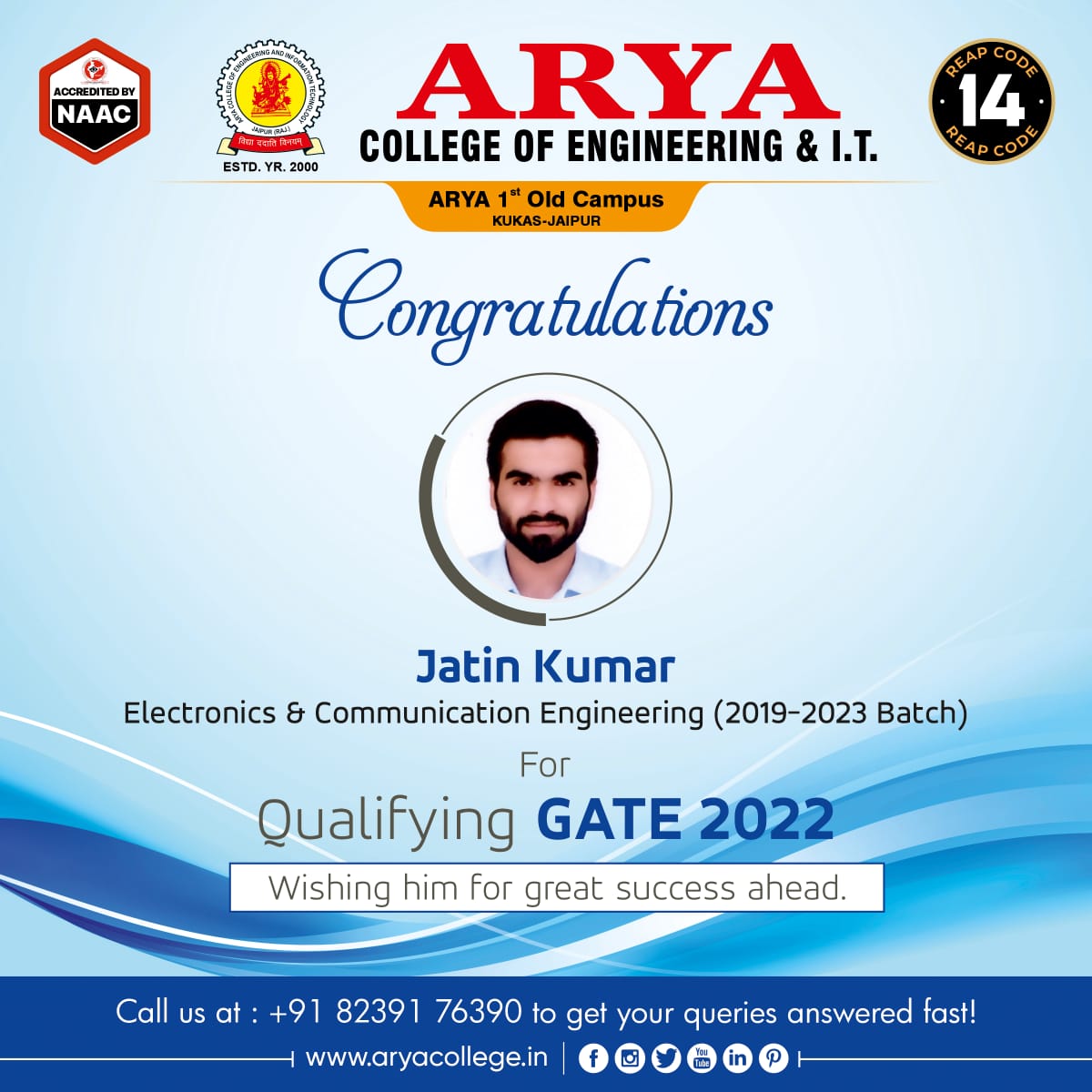 aryacolleges's tweet photo. Congratulations to Jatin Kumar (ECE 2019-23 Batch) for Qualifying #Gate2022. Wishing him for Great success ahead.
For any admission Feel free to contact us. +91 8239176390 or Visit: https://t.co/7oWPpAfTRL
#AryaCollege #Gate #GateQualified #Gate2022 #aceit #engineering #btech https://t.co/gQL95nBdnj
