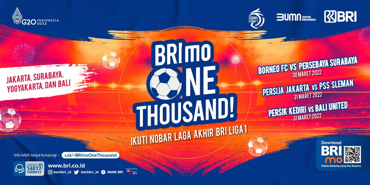promo_BRI's tweet photo. Sobat BRI,
Yuk ikutan Nobar Pertandingan BRI Liga 1 BRImo One Thousand di Jakarta, Surabaya, Yogyakarta dan Bali.
Ga hanya nobar, kamu juga bisa dapatkan berbagai hadiah menarik!
.
#BRI #BRImo #BEYONDmo #SemuaPakeBRImo #BRImoOneThousand #BRILiga1 https://t.co/HhqlubgwAh