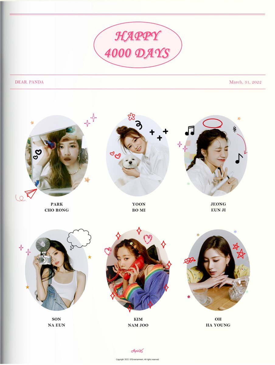 Apink_2011's tweet photo. [#에이핑크]
오늘은 에이핑크와 PANDA가 함께한 지
4000일이 되는 날입니다🥳
그 자리에서 Always 에이핑크를 응원해 준
그대들이 있기에 에이핑크가 소중한
4000일을 맞이할 수 있었습니다👏
앞으로도 에이핑크의 기적 같은 이야기에
함께해 주세요! PANDA 늘 고마워요🐼💕

#Apink https://t.co/S9KbBsdPTo