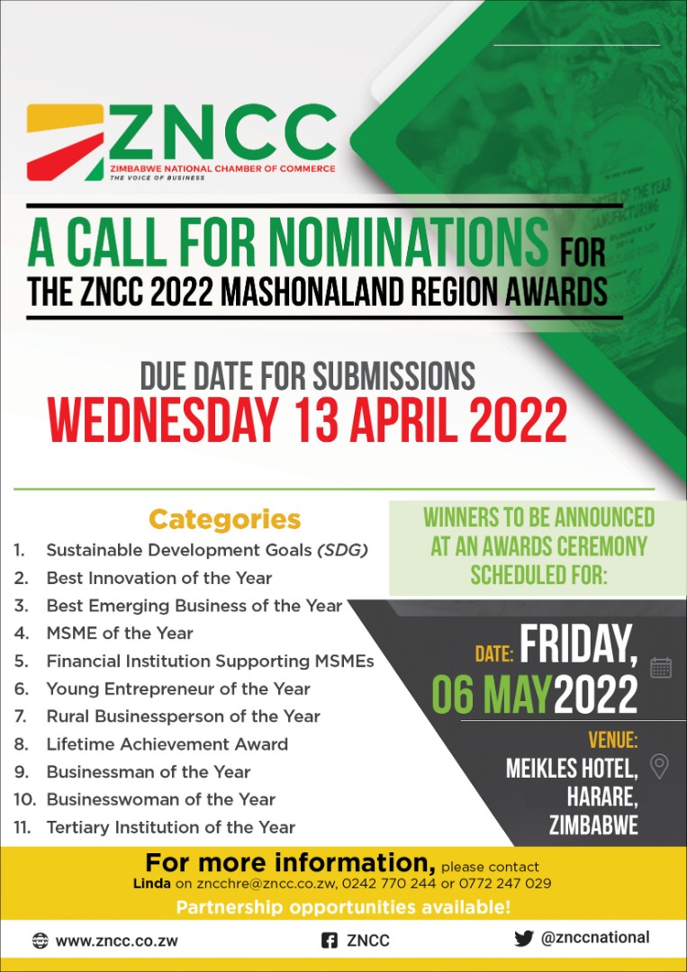 ZNCCNational's tweet photo. #CallForNominations
The ZNCC Annual Awards Season is back! Our awards are aimed at fostering competitive culture within homogeneous industries with an ultimate aim of heightening the spirit of excellence in business practices! Herewith our Mashonaland call...@BusinessTimesZW https://t.co/6kYCswVkYZ