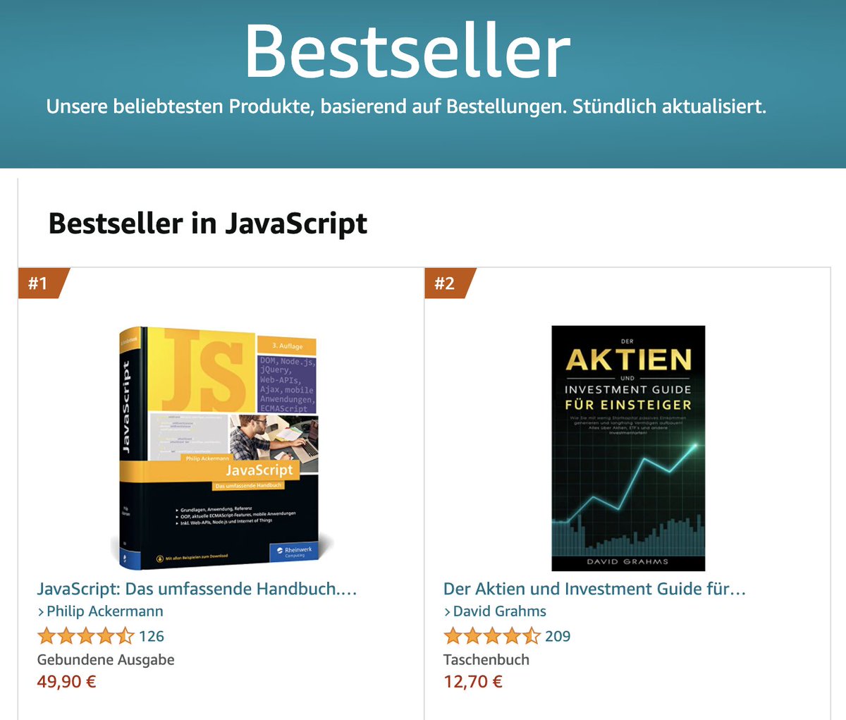 cleancoderocker's tweet photo. 🎉🥳📙 My German 🇩🇪 JavaScript handbook is currently bestseller in the JavaScript category. Directly followed by a book about stocks 🤔 Yeah, right. That makes sense 😅

// cc @rheinwerkverlag 

#javascript #nodejs #react #book #books #softwaredevelopment #webapis https://t.co/4t9TXrBZD8
