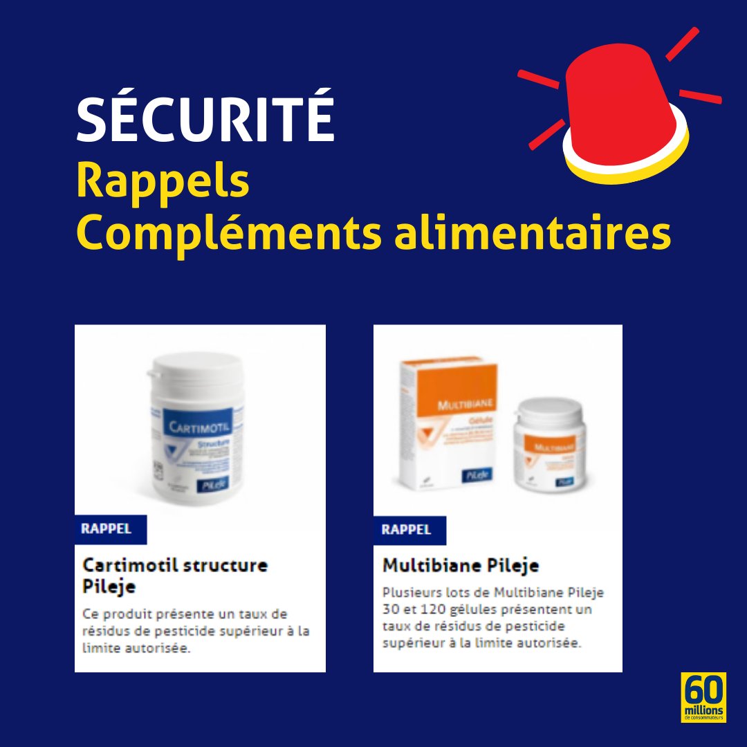 60millions's tweet photo. 🚨 [#Rappels de produits] Vous prenez des compléments alimentaires pour booster vos défenses immunitaires ou maintenir votre cartilage ? Attention, plusieurs lots de Cartimotil structure et de Multibiane du laboratoire #Pileje font l’objet d’un #rappel.
👉 https://t.co/uyHxslIgOt https://t.co/1OgYxAlr8N
