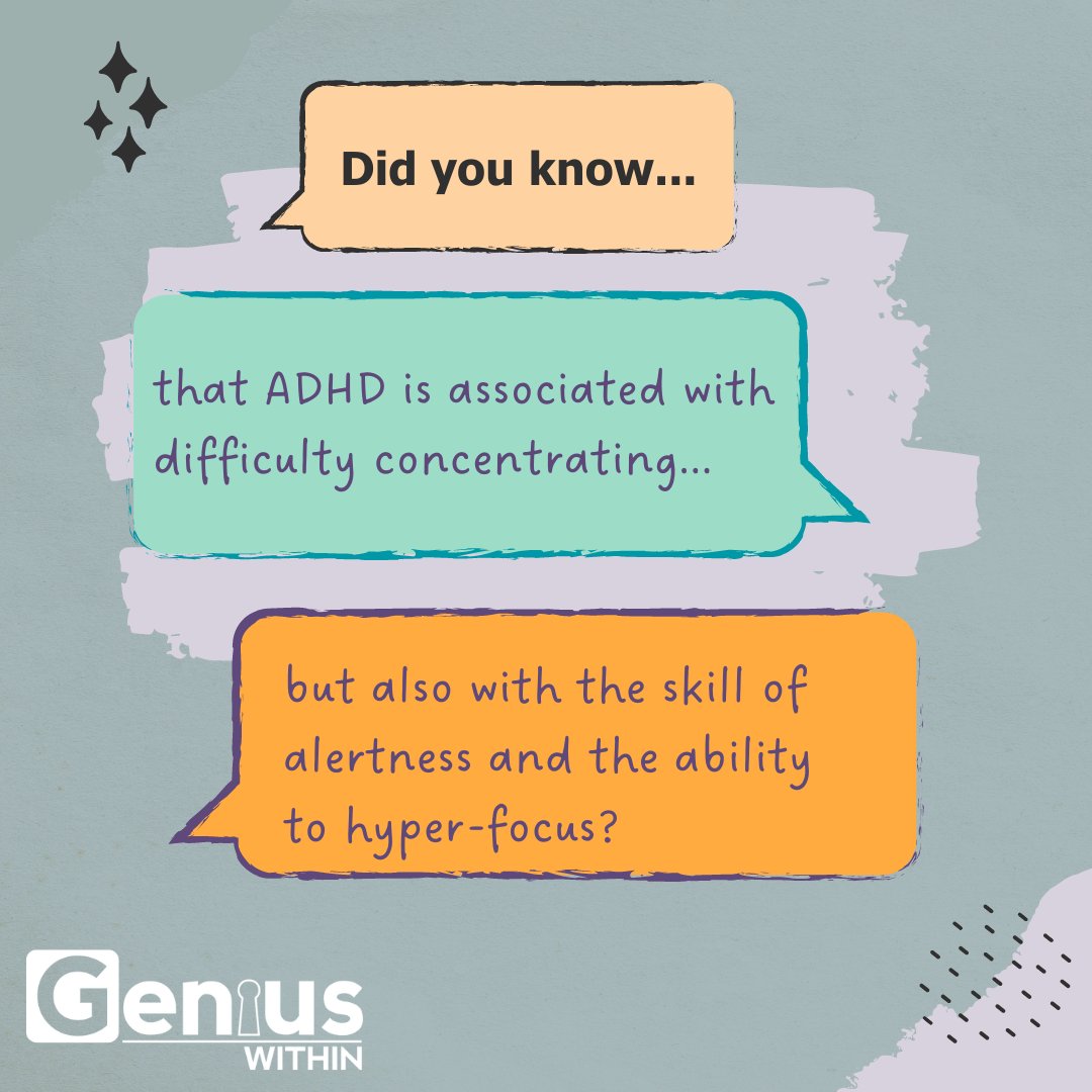 geniuswithinCIC's tweet photo. Did you know that ADHD is associated with difficulty concentrating, but ALSO with the skill of alertness and the ability to hyper-focus?

#SpikyProfile #Strengths #Challenges #Neurodistinct #Neurodivergent #Neurominority #Neurodiversity https://t.co/13bKPxPx7H