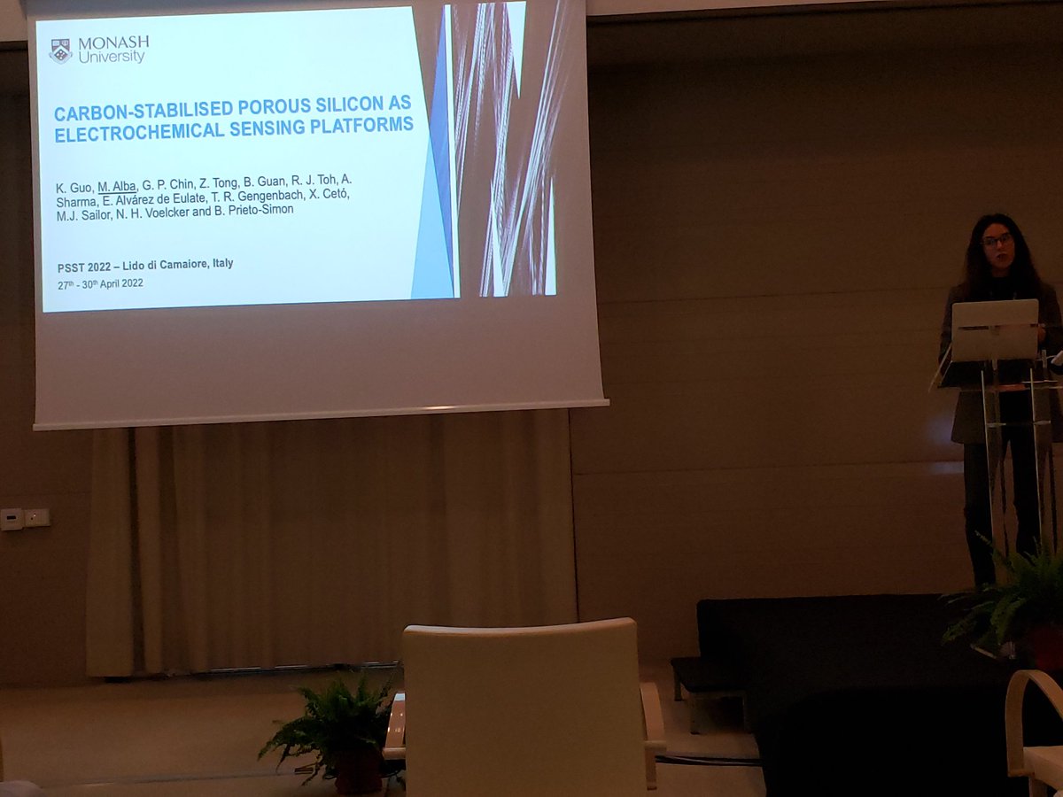 CofferResearch's tweet photo. So good to see the presentation by @malbamrtn of @voelcker_lab here at @the_psst ...using carbon coated porous silicon in biosensing...

@NicoVoelcker @GBarillaro_Pi @Santos_Lab15 @ester_segal https://t.co/3q56IqCJhX