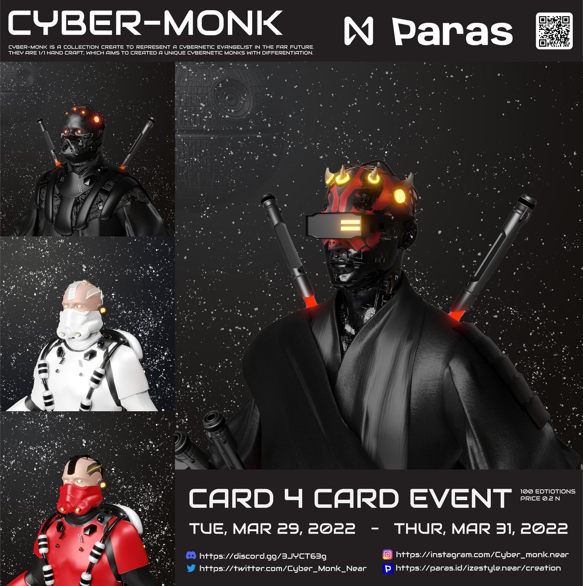Cyber_Monk_Near's tweet photo. Only 2 Days left for C4C event on @ParasHQ 
Let's grab one! 100 editions at 0.2N each.
Paras: https://t.co/xmDPS74gTN👈
Website: https://t.co/sNJpTFA5JE
Discord: https://t.co/kBcJKwjaXd
....
#NFT #NEARnft #ParasNFT #NFTcommunity #NFTart #NFTTHAILAND https://t.co/N6xa71vDih