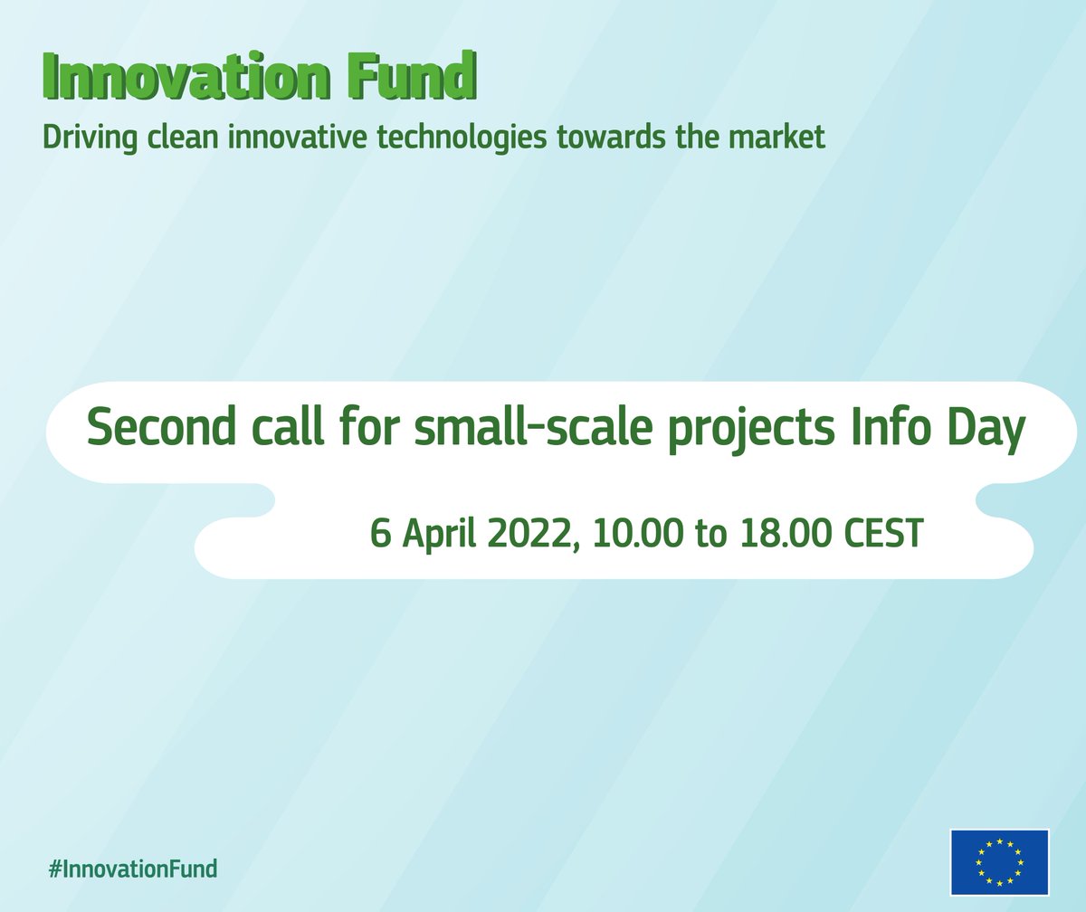 1⃣ week to go for the #InnovationFund 2⃣nd small-scale call Info Day!

📊Presentation of the #GHG afternoon session has been made available. Send already your ❓ on slido #IFSSC2021  

All ℹ️ and registration 🔗cinea.ec.europa.eu/events/innovat…

#cleantech