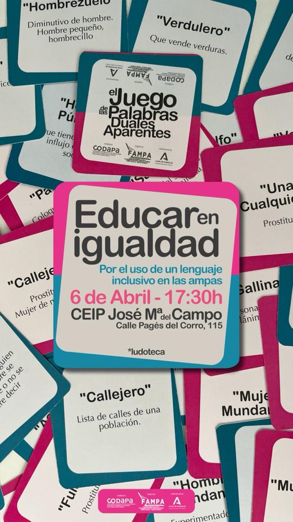 fampasevilla's tweet photo. ❗A todas nuestras Ampas federadas y familias
No os perdáis nuestra jornada, Educar en Igualdad y la importancia del uso del lenguaje inclusivo
Inscribiros en info@fampasevilla.org
(Señor @javierimbroda no se la pierda, hay un lenguaje igualitario más allá del desdoblamiento) https://t.co/2JG1A7NefS