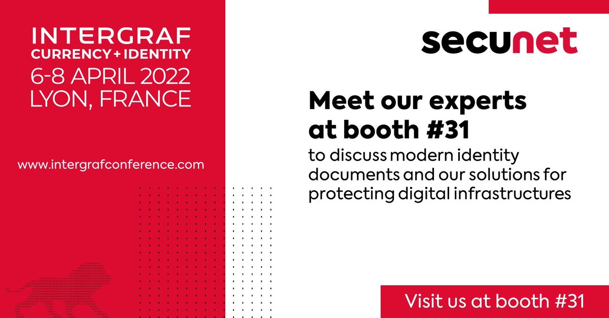 secunet_AG's tweet photo. #Intergraf 2022, April 04/05/06: Meet secunet experts Patricia Engler and Evelyn Breitenstein in Lyon at our booth # 31. Get to know more about our portfolio and our solutions to protect digital infrastructures and identities. https://t.co/1bMlH1Ml3u
#IntergrafConference https://t.co/PB4RBaV9HL