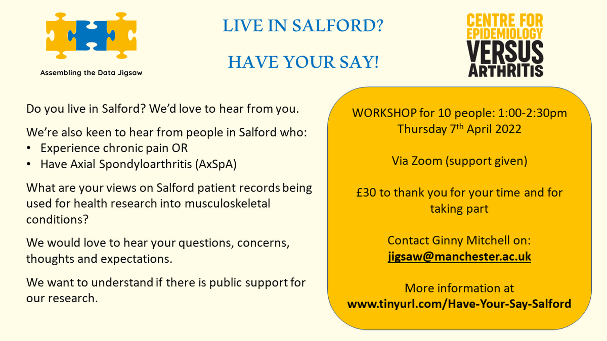 CfE_UoM's tweet photo. Have your say, #Salford!

Do you live in Salford? Experience #ChronicPain or have #AxSpA? 

We are holding a #workshop to learn more about your views on linking healthcare records as part of our #AssemblingTheDataJigsaw project.

Find out more 👉https://t.co/45FgOgoGxa https://t.co/FhXWIzjEvk