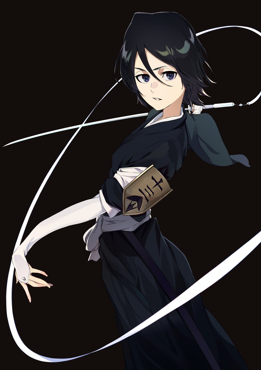 kuchiki rukia 1girl solo black hair japanese clothes hair between eyes short hair black background  illustration images