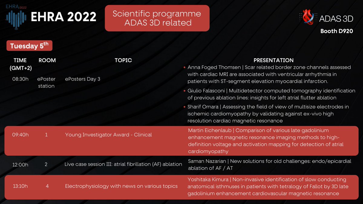 Meet us at #EHRA2022 during 3-5th April🫀#arrhythmia

Explore the advantages of #ADAS3D for your practice through live demos in our Booth D920. Attend KOLs sessions to learn the results from clinical studies and real life cases using our software. 

Do not miss it ⬇️ #EPeeps