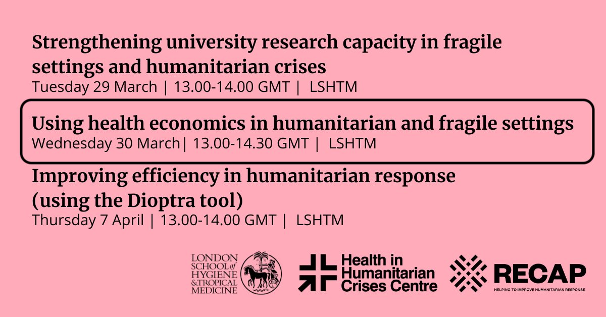 Today at 1pm BST! @LSHTM_Crises & @GcrfRecap teams will discuss using health economics in humanitarian settings Join @LSHTM's @neha_s_singh, @jessajcking, Jo Borghi, Sandra Mounier-Jack & Zia Sadique with @BRACworld's Munshi Sulaiman & Pallavi Prabhakar bit.ly/36Ftcc2