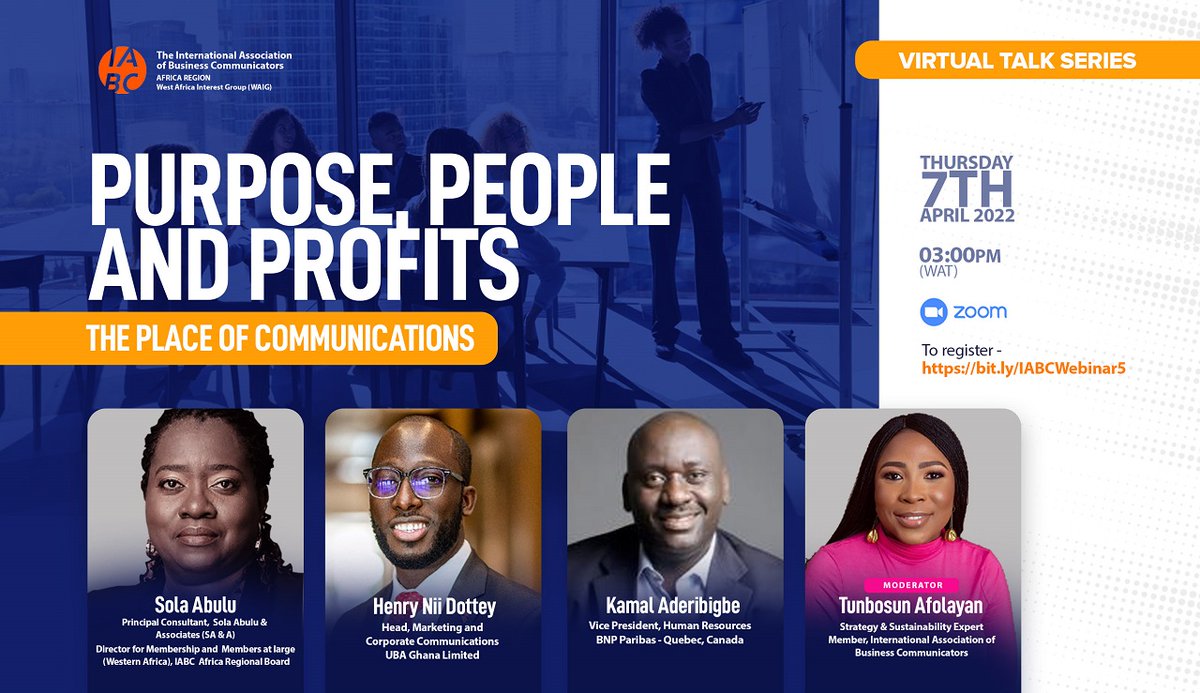 henrydottey's tweet photo. Mark the date &amp; join me as we shed actionable ideas on PURPOSE, PEOPLE &amp; PROFITS - THE PLACE OF COMMUNICATIONS*

Register to save your spot.
Date – Thursday 7th April 2022
Time – 3.00 pm WAT
Registration Link
https://t.co/xoqFW7lMex

@IABC  #WAIG https://t.co/bXZ5NK4QX4