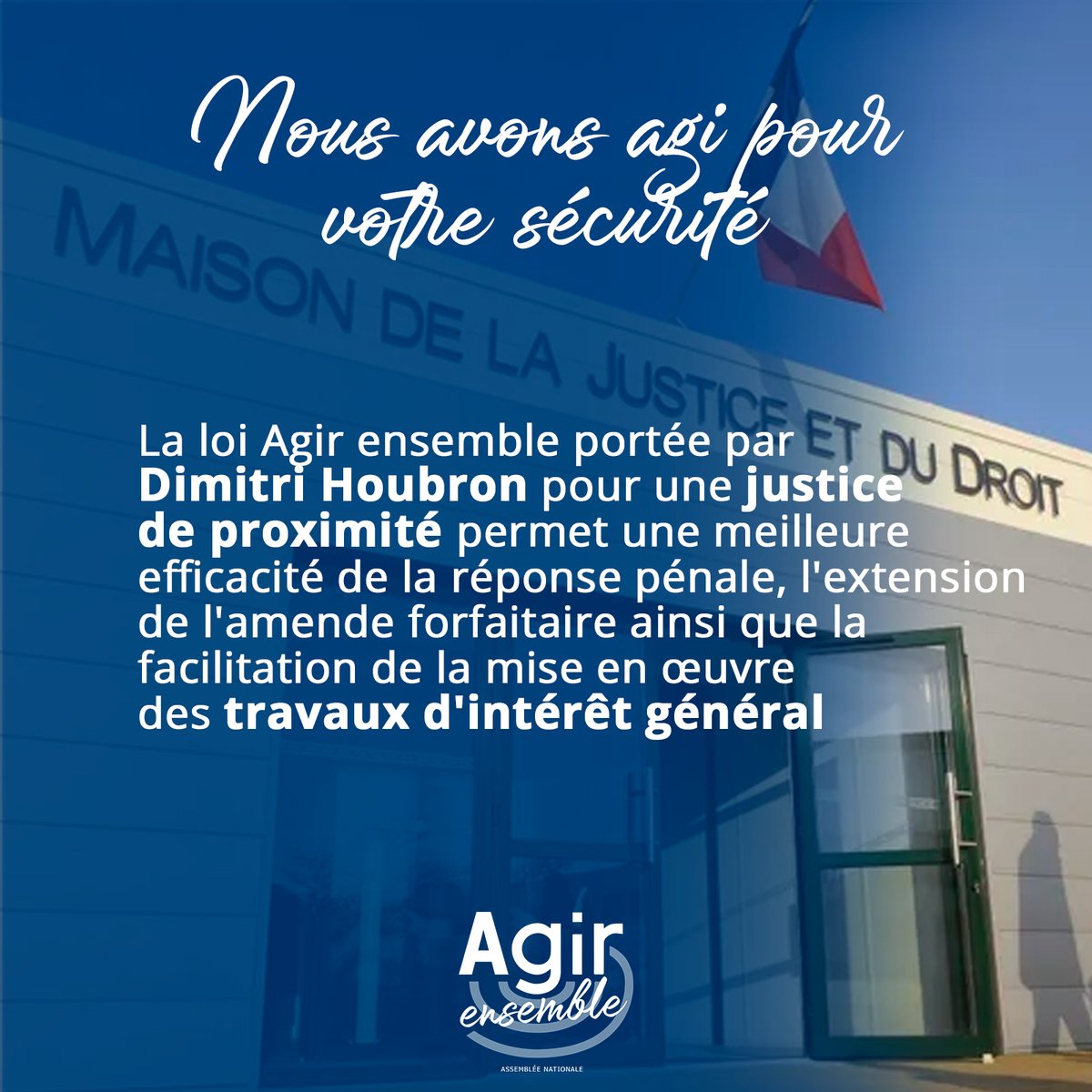 Portée par @dhoubron1759, la loi justice de proximité permet de produire rapidement une réponse pénale aux délits du quotidien, ces petits actes qui fragilisent le « vivre ensemble ».

Une loi de terrain qui remet la justice au contact du citoyen.