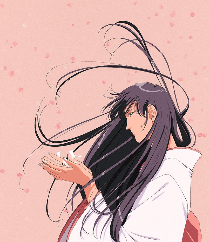 1girl long hair japanese clothes solo petals kimono black hair  illustration images